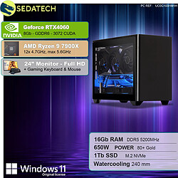 Sedatech Pack Mini-PC Gamer ITX • AMD Ryzen 9 7900X • RTX4060 • 16Go DDR5 • 1To SSD M.2 • Windows 11 • Moniteur 24''