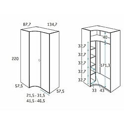 Inside 75 Armoire d'angle porte courbe à gauche 134,7 x 220 cm finition chêne blanchis