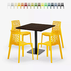 Grand Soleil Ensemble Table Bois Métal Horeca 90x90cm 4 Chaises Design Empilables Dustin Restaurant Bar - Jaune 