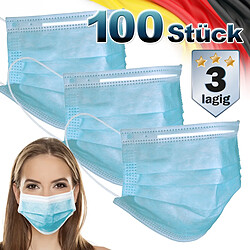 Ecd Germany 100x Masque facial jetable pour adultes à 3 couches protection du nez et bouche 100 Pièces Masque Facial Jetable avec 3 couches -Masque de Protection Bleu pour Adultes - avec Boucles d'Oreilles et Pince-nez - Masque de Protection Buccale et Nasale Jetable