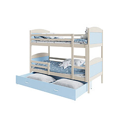 Kids Literie Lit Superposé Mateo 90x190 Pin - bleu Livré avec sommiers, tiroir et matelas en mousse de 7cm 