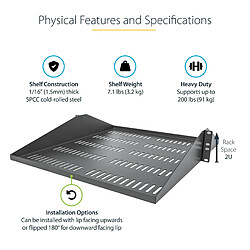 Avis StarTech 2U 48,30cm (19``) Fachboden für Rack - Perforierte, freitragende rack ablage mit zentrierter befestigung - Belüftete rack ablage - Belastbarkeit 91kg - 50cm tief (SHELF-2U-20-CENTER-V) - Rack - Regal - Schwarz - 2U - 48.3 cm (19``)