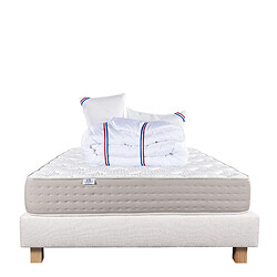 LUXURY LITERIE Ensemble matelas Dreamlux 140x190 cm + sommier beige ep20cm + 2 oreillers + couette •Dimensions du couchage: 140x190 cm •Type de matelas: ressorts ensachés, memosoft100 •Epaisseur du matelas: 28 cm •Matelas livré roulé compressé •Traitement de protection: Anti-acarien, Anti-bactérien, Hypoallergénique •Revêtement-Coutil certifié Oeko-tex