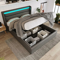 LBF Lit rembourré 140 x 200 cm avec LED, lit Fonctionnel hydraulique avec Espace de Rangement, Cadre de lit Double avec sommier à Lattes, Coffre de lit, tête de lit, Surface PU, sans Matelas, Gris