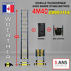 Echelle télescopique 4m40 Woerther Grafitek avec barre stabilisatrice - Plus housse et sac à outils - Qualité supérieure - Garantie 5 ans