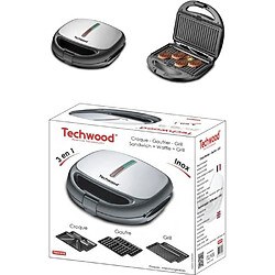 Techwood GAUFRIER + CROQUE + GRILL 800W- Décor Inox - Plaques interchangeables - Revêtement anti-adhésif- cadeau de noêl