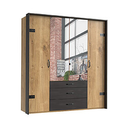 Pegane Armoire avec miroir 4 portes en chêne poutre + un cadre en couleur rechampis raw steel - L200 x H216 x P58 cm