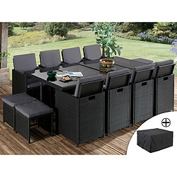 Bestmobilier Fira - Salon de jardin encastrable 12 places - en résine tressée - Noir avec coussins gris + housse de protection