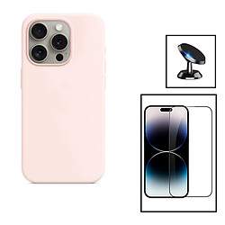 PHONECARE Kit Film Verre Trempé 5D Full Cover + Coque Silicone Liquide + Support Magnétique de Voiture pour Apple iPhone 15 - Rose 