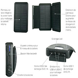 Optex Batterie externe 20000 mAh 2 entrées, 2 ports USB 2.1A gris pliable + 2 panneaux solaire amovible, pour Smartphone, tablette et camping