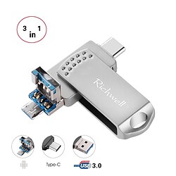 Wewoo Clé USB iPhone iDisk 3 en 1 32G Type-C + Micro USB + USB 3.0 Disque flash push-pull métal avec fonction OTG (Argent) 