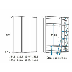 Inside 75 Armoire finition chêne blanchis 3 portes longues poignée New Perfil gauche 144,5 x 57,5 x 220 cm