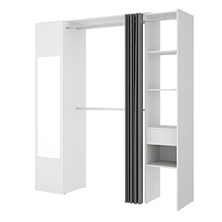 Pegane Armoire dressing avec 1 colonne + miroir + rideau coloris blanc - Longueur 177 x Profondeur 52 x Hauteur 205 cm 