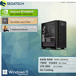 Sedatech Pack Workstation Pro • AMD Ryzen 9 7950X • RTX4060Ti • 64Go DDR5 • 2To SSD M.2 • Windows 11 • Moniteur 24"