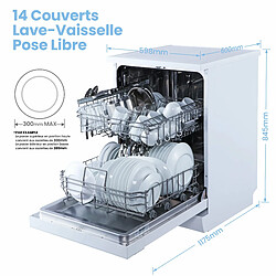 Comfee Lave-vaisselle pose libre FD1435E-W L60cm 44db avec 14 couverts, 8 programmes, Affichage LED Inox-Énergétique D