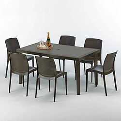 Grand Soleil Table rectangulaire 6 chaises Poly rotin resine 150x90 marron Focus, Chaises Modèle: Boheme Marron Moka