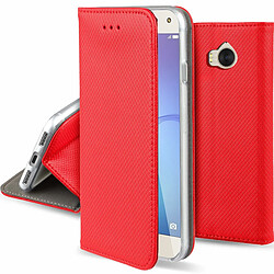 Moozy Case Flip Cover pour Huawei Y6 2017, Rouge - Étui à Rabat Magnétique Intelligent avec Porte-Cartes et Support