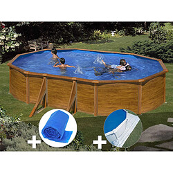 Kit piscine acier aspect bois Gré Sicilia ovale 5,27 x 3,27 x 1,22 m + Bâche à bulles + Tapis de sol 