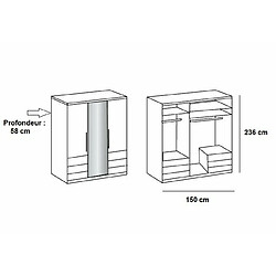 Inside 75 Armoire penderie LISEA 3 portes 6 tiroirs verre anthracite 150 x 236 cm HT