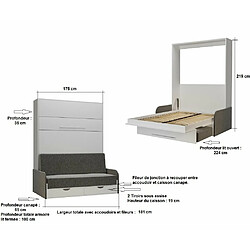 Inside 75 Armoire lit escamotable KOMPACT SOFA blanc mat canapé tiroirs accoudoirs tissu gris 160*200 cm pas cher