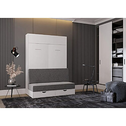 Avis Inside 75 Armoire lit escamotable DYNAMO SOFA canapé tiroirs blanc mat et microfibre gris couchage 140 x 200 cm