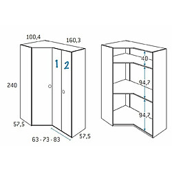 Inside 75 Armoire d'angle pan-coupé 2 portes 160,3 x 240 cm finition chêne blanchis porte droite pliante intérieur double