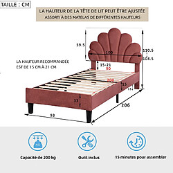 RAVAS Lit simple adulte/enfant 90x200 cm, Tête de lit en forme de fleur, Sommier à lattes en MDF, Tissu en velours, Rouge pas cher