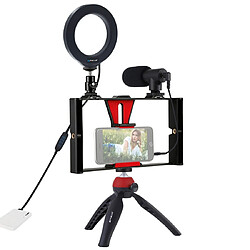 Wewoo Cage de stabilisation 4 in 1 Vlogging Diffusion en direct Smartphone Vidéo Rig + Kits de lumière Selfie avec anneau de 4,7 pouces à LED de 12 cm microphone + support de trépied + Tête de à griffe froide pour iPhoneGalaxyHuaweiXiaomiHTCLGGoogle et autres s