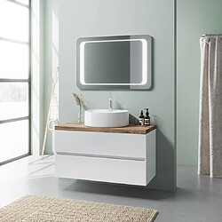 Kiamami Valentina MEUBLE DE SALLE DE BAIN BLANC BRILLANT 100CM LAVABO À POSER ET MIROIR À LED | ELBA