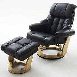 Inside 75 Fauteuil relax CLAIRAC assise en cuir noir pied en bois naturel avec repose pied 