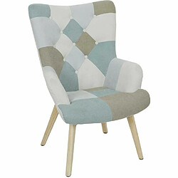 The Home Deco Factory Fauteuil en tissu patchwork pieds en bois brut Alta bleu.