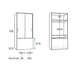 Inside 75 Armoire penderie 104,1 x 57,5 x 220 cm portes coulissantes coffre rabattable hauteur 67 cm