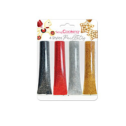 Scrapcooking Kit de 4 stylos pailletés - Noir, Rouge, Gris, Doré