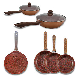 Venteo - Set de cuisine - Sauteuses, poêles et poêle à crêpes + 2 couvercles - revêtement granit antiadhésifs - Idéal pour tous types de feux