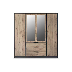 Avis Vente-Unique Armoire 4 portes et 3 tiroirs - Avec miroirs - L196 cm - Coloris : Naturel et noir - LAMIKI