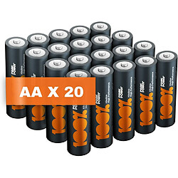 Piles AA - Lot de 20 | 100% PEAKPOWER | Batteries Alcalines AA LR6 1,5v | Longue durée, haute performance, utilisation quotidienne 