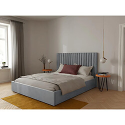 Vente-Unique Lit coffre 140 x 190 cm avec tête de lit coutures verticales - Tissu - Gris + Matelas - SARAH