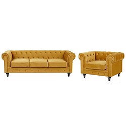 Beliani Ensemble canapé et fauteuil en velours jaune moutarde 4 places CHESTERFIELD