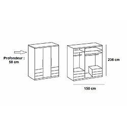 Inside 75 Armoire de rangement LISBETH 3 portes 6 tiroirs blanc 150 x 236 cm hauteur