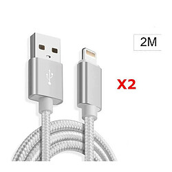 Little Boutik X2 Cable Metal Nylon Renforce Chargeur USB Couleur Argent pour IPhone Longueur 2m Tréssé Compatible IPhone 6 7 8 X Xr 11 12 X2 