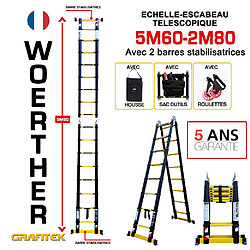 Escabeau-échelle télescopique Woerther 5m60/2m80 - Avec housse, sac porte outils et roulettes - Gamme Grafite- Double barre stabilisatrices - Qualité supérieur - Garantie 5 ans