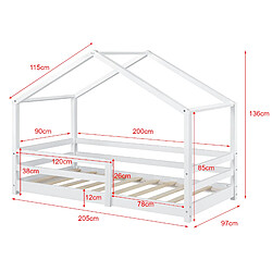 Acheter Lit d'Enfant Maison avec Barreaux de Sécurité Knätten Pin 90 x 200 cm Blanc Mat Laqué [en.casa]