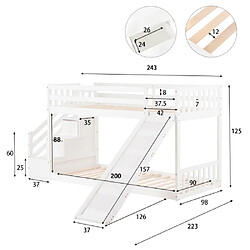 LBF Lit Superposé 90x200cm Lit Enfant avec 2 Tiroirs dans L'escalier Lit Mezzanine avec Protection Antichute Et Toboggan Lit D'adolescent Structure en Bois De Pin Massif Lit Au Sol Blanc