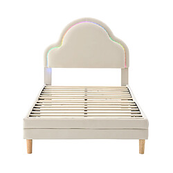 KOMHTOM Lit rembourré enfants simple beige 90x200cm, velours, avec tête de lit en nuage, bandes LED interchangeables colorées et bandes de planches en bois 