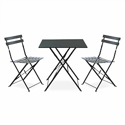 Salon de jardin bistrot pliable Emilia carré gris anthracite avec deux chaises pliantes, acier thermolaqué | sweeek