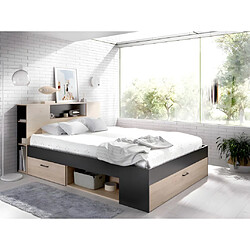 Vente-Unique Lit avec tête de lit rangements et tiroirs - 140 x 190 cm - Coloris : Naturel et anthracite + Sommier + Matelas - LEANDRE