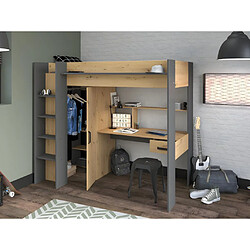 Vente-Unique Lit mezzanine avec bureau et armoire - 90 x 200 cm - Coloris : Naturel et anthracite - AUCKLAND