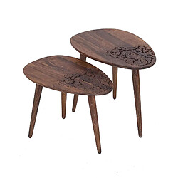 BOIS & CHIFFONS Set 2 tables d'appoint plateau sculpté bois massif | Acacia Adir