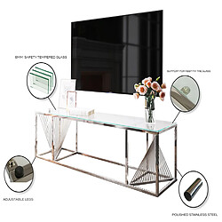 Vivenla Meuble tv design en acier inoxydable poli argenté et verre trempé L. 160 x P. 45 x H. 45 cm collection BOLZANO