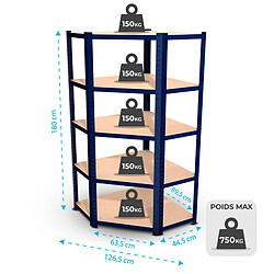 Eurospen Étagère d'angle polyvalente en métal - Charge lourde Max 750kg - 180 x 90 x 45 cm - Bleu